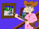 cartoon cowboy walks down stairs with a shotgun