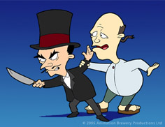 cartoon ilustration of Dr Fret holding a big butcher knife looking 
        sinister next to the homely looking Igon