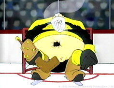 cartoon image of a huge hockey goalie in his crease: click to enlarge image