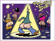 cartoon image: dancer in a club with his bare bottom exposed strikes a pose